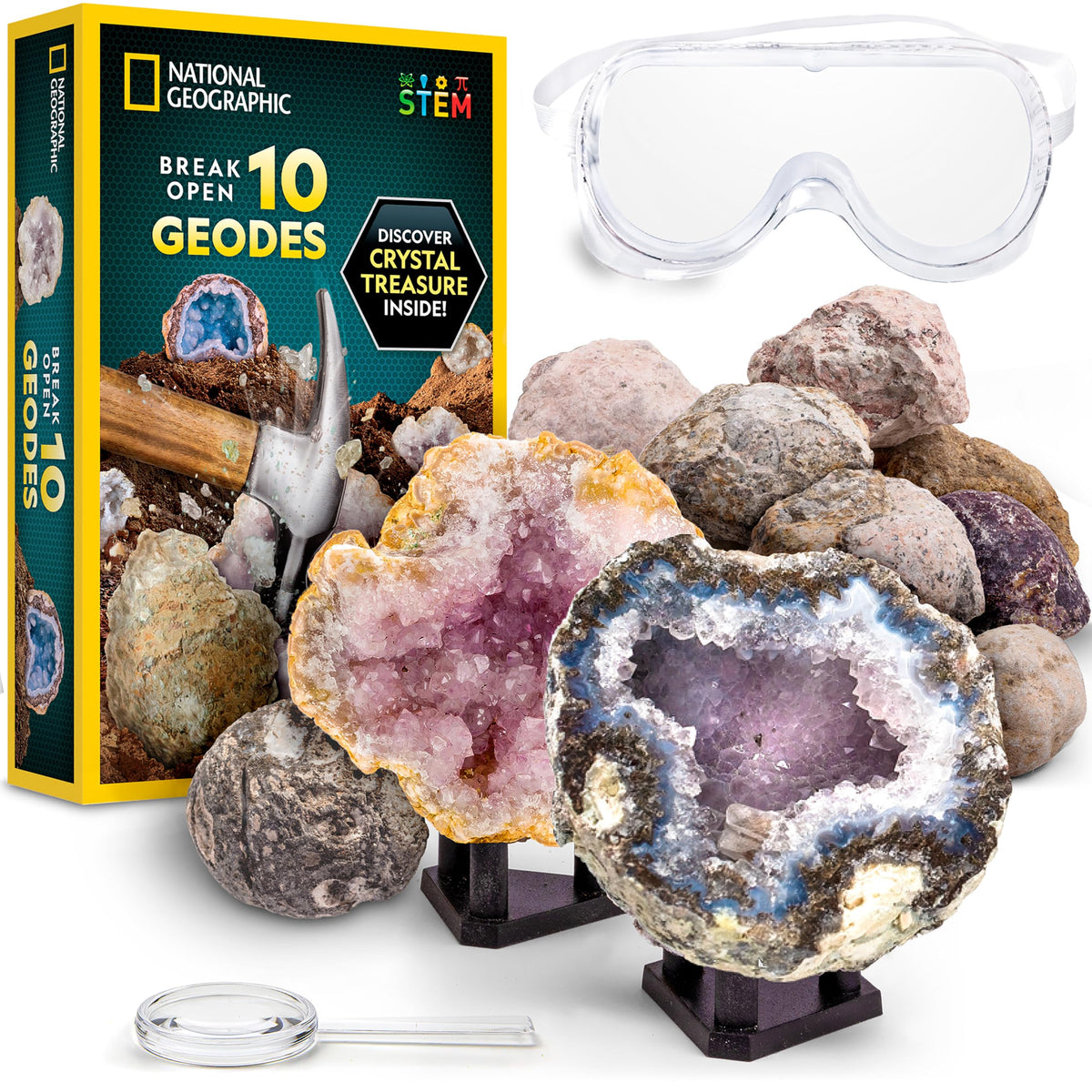 Blue Marble National Geographic geodes open to reveal crystal treasure for hands-on discovery.