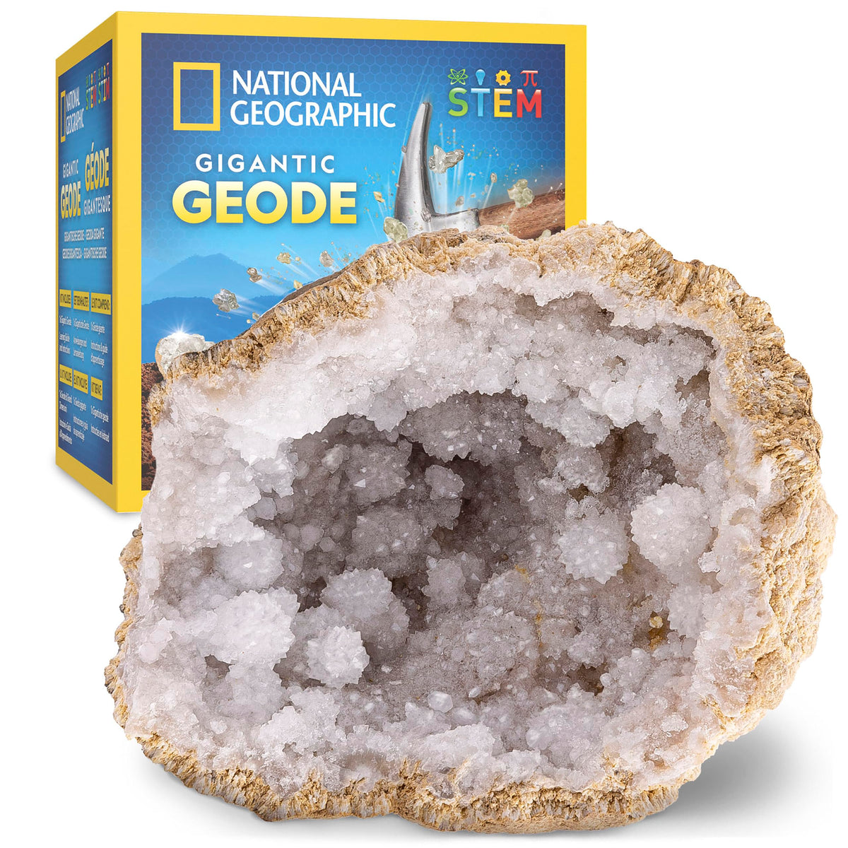 Blue Marble National Geographic Gigantic Geode Kit reveals crystals inside for hands-on discovery.