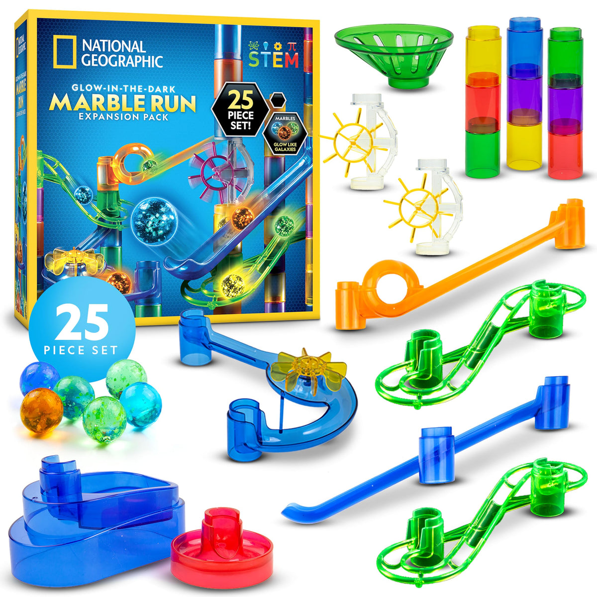 Blue Marble National Geographic glow-in-the-dark marbles shine during nighttime play.