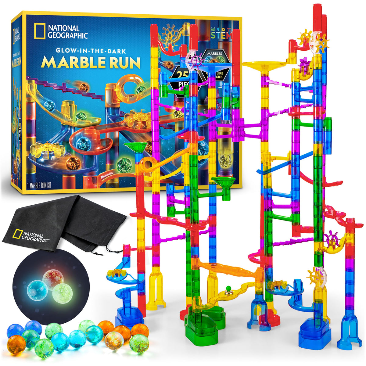 Blue Marble National Geographic glow marble run base provides sturdy foundation.