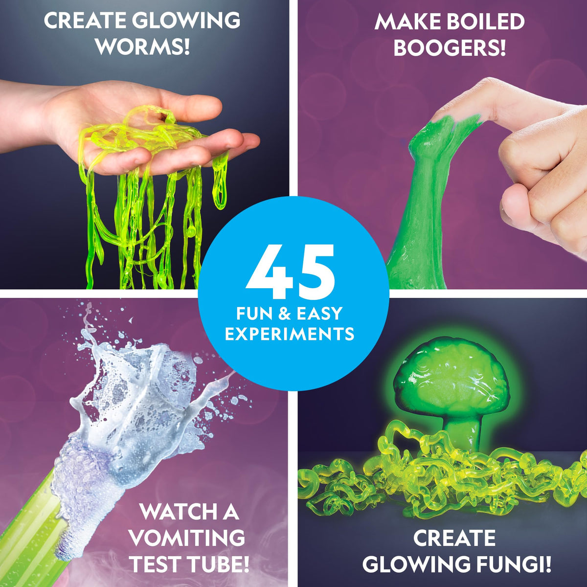 Blue Marble National Geographic Gross Science Kit glowing worms illuminate exciting light-reaction experiments.