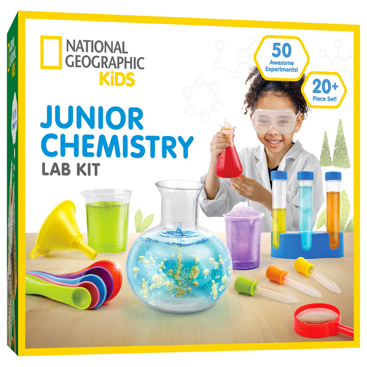 Blue Marble National Geographic Junior Chemistry Set front view showing a complete kid-friendly lab kit for safe exploration