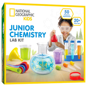 Blue Marble National Geographic Junior Chemistry Set front view showing a complete kid-friendly lab kit for safe exploration