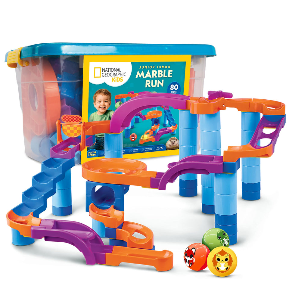 Blue Marble National Geographic Kids Junior Jumbo Marble Run 80-piece assembly enables tall towers and imaginative play.