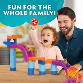 Blue Marble ball drop toy with colorful tracks inspires imaginative play.