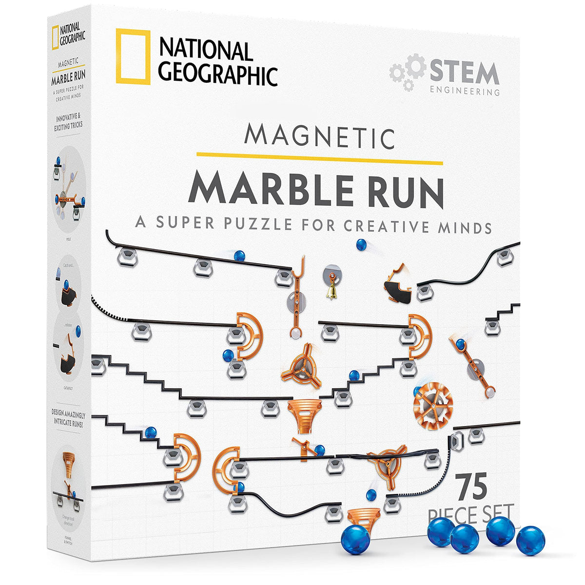 Blue Marble National Geographic Magnetic Marble Run setup for hands-on STEM exploration on a magnetic surface.