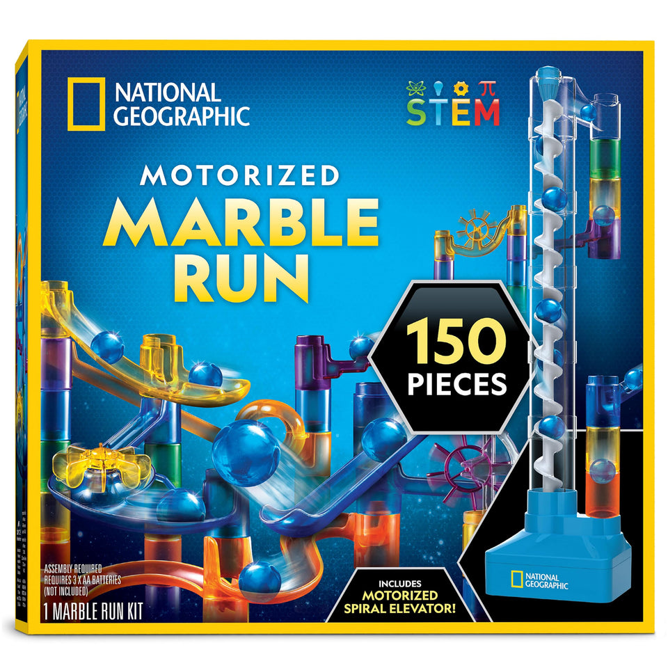 Blue Marble National Geographic marble run with motorized elevator shows dynamic ascent for engaging STEM play