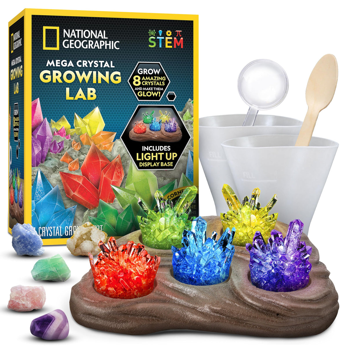 Blue Marble National Geographic Mega Crystal Growing Kit shows eight colors forming quickly.