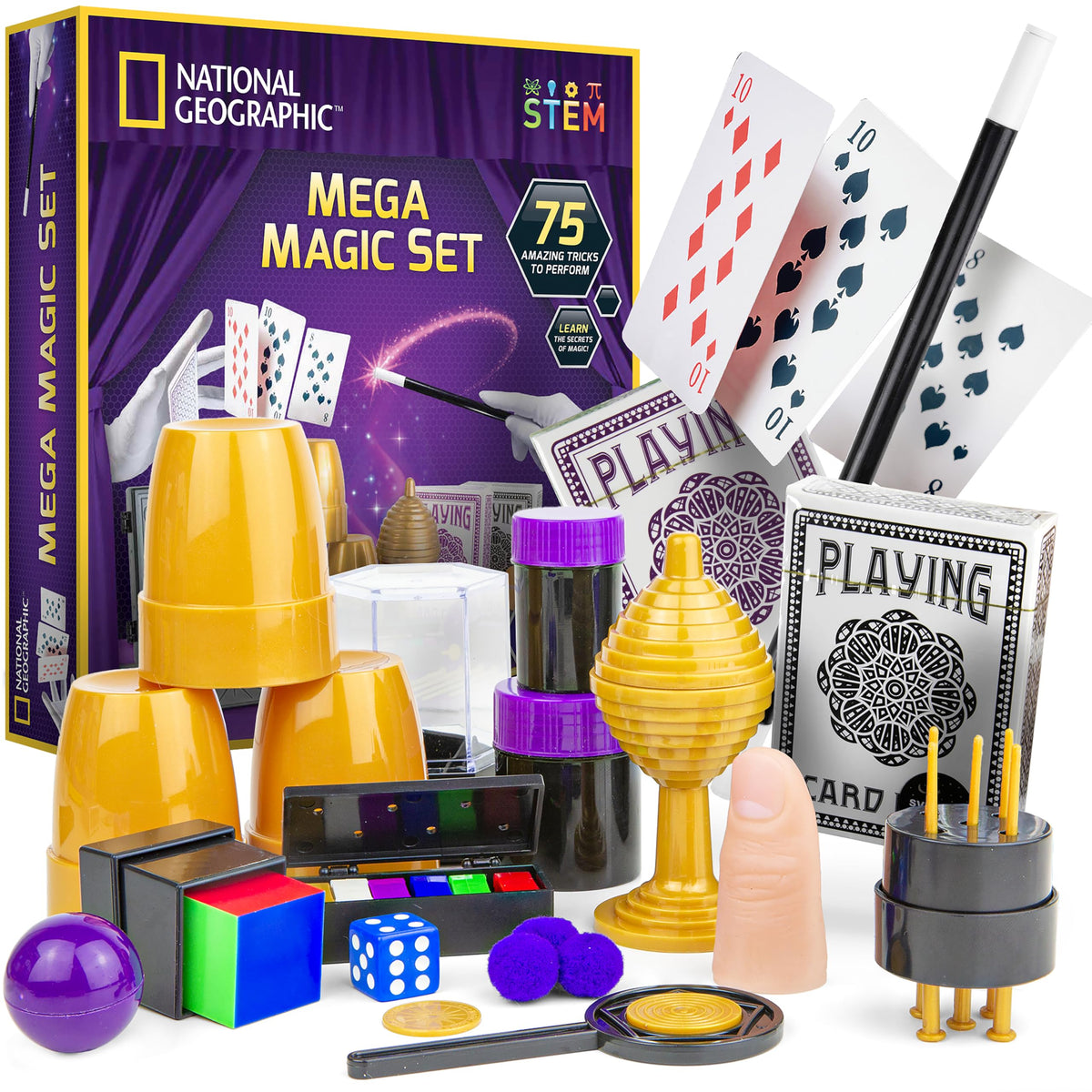 Blue Marble National Geographic Mega Magic Set demonstrates cups and balls trick for kids.