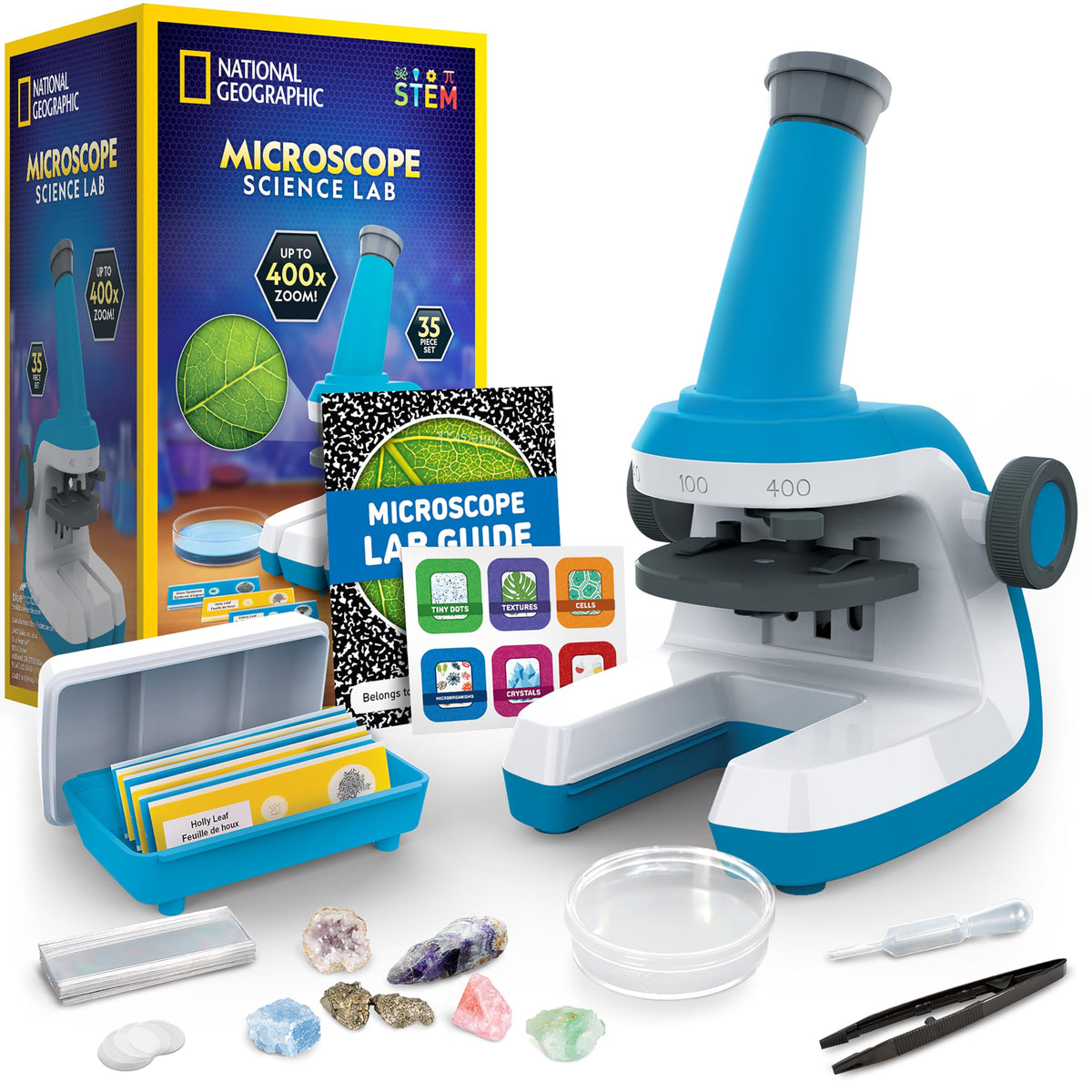 Blue Marble kids microscope setup with large focus knobs for precise viewing.