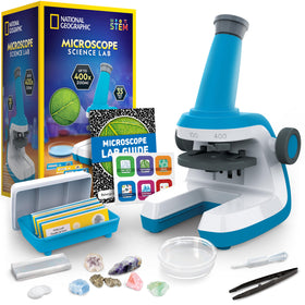 Blue Marble kids microscope setup with large focus knobs for precise viewing.