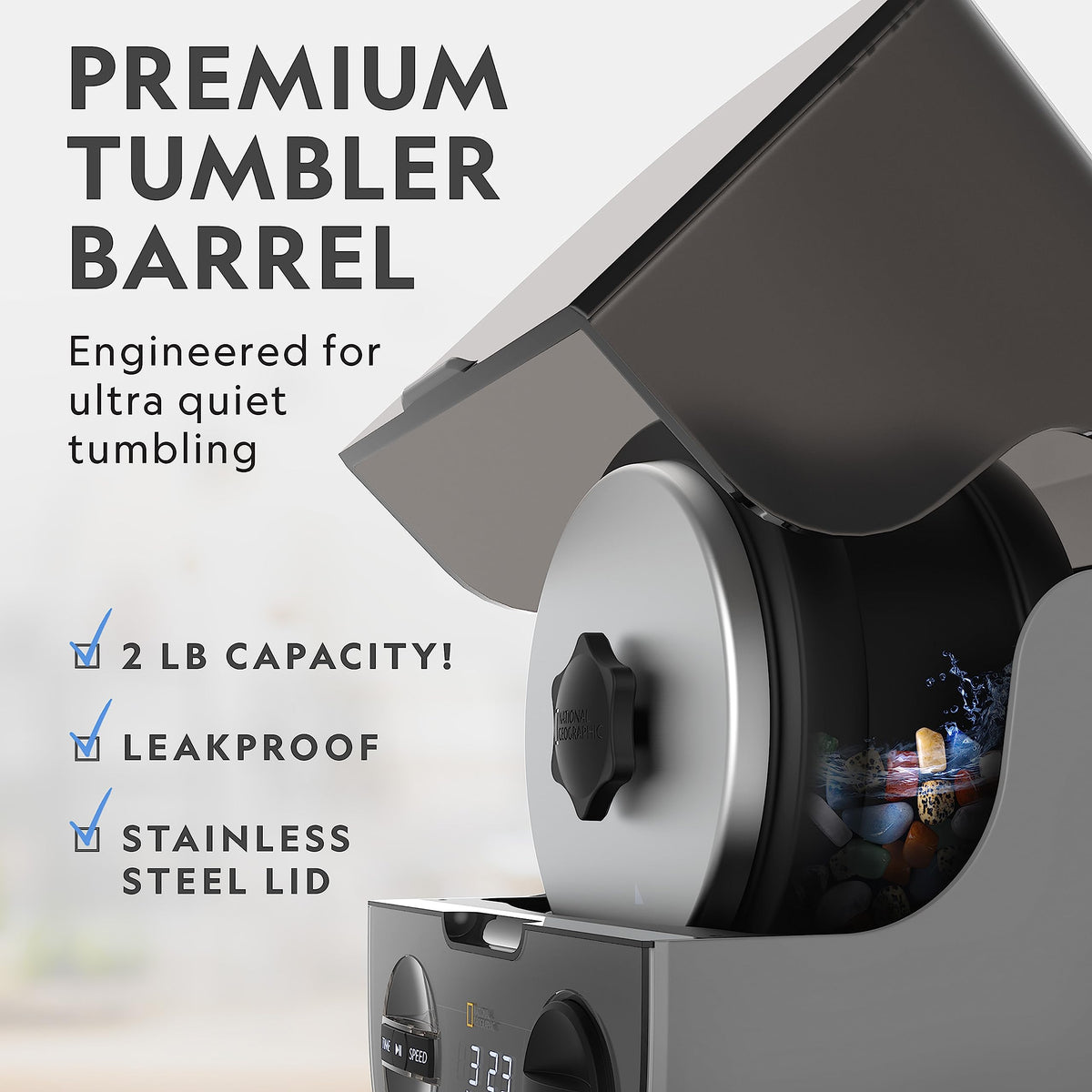 Blue Marble National Geographic Platinum Series quiet design reduces sound during tumbling
