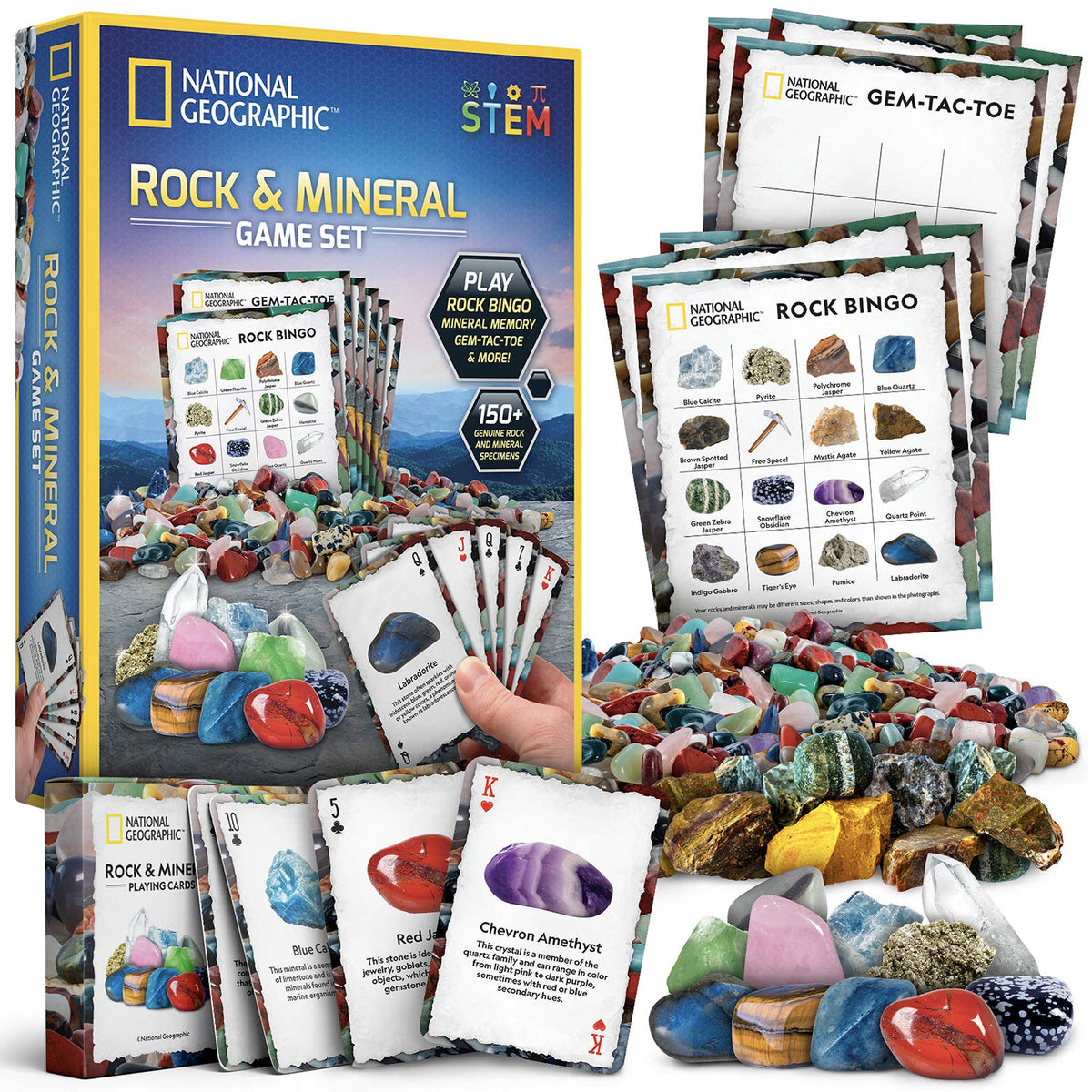 Blue Marble National Geographic Rock Bingo Game pack offers hands-on geology learning with 150+ specimens.