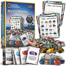 Blue Marble National Geographic Rock Bingo Game pack offers hands-on geology learning with 150+ specimens.