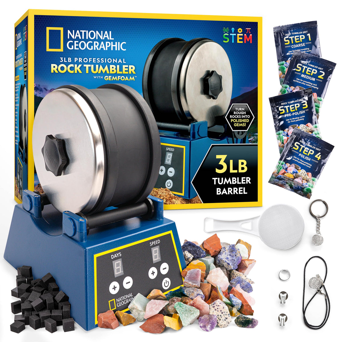 Blue Marble National Geographic Rock Tumbler Kit with extra-large barrel for home polishing