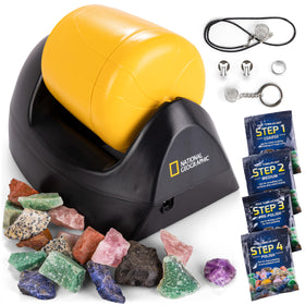 Blue Marble National Geographic Starter Rock Tumbler Kit box and components ready for beginners.
