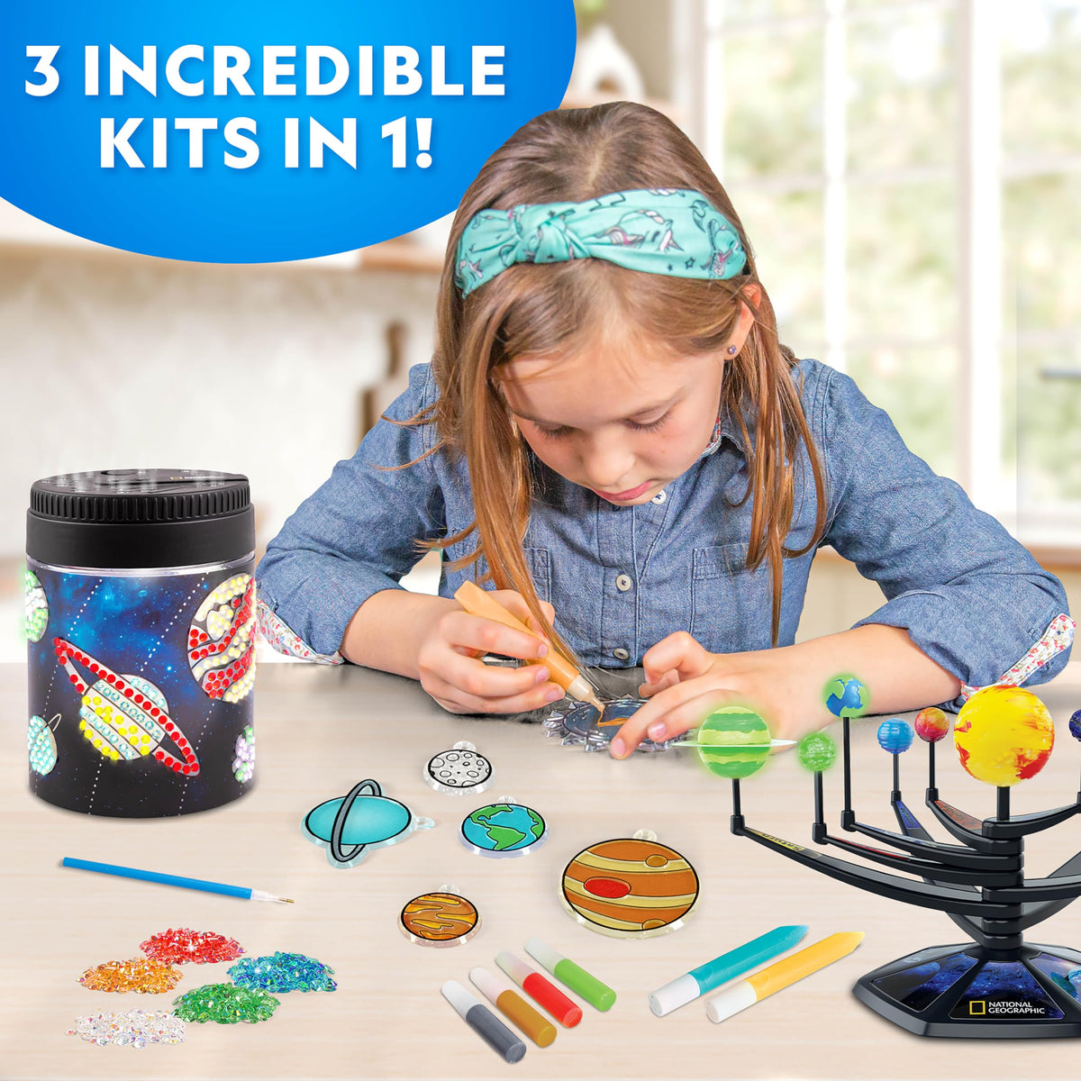 Blue Marble kit shows movable arms on the solar system for hands-on exploration.