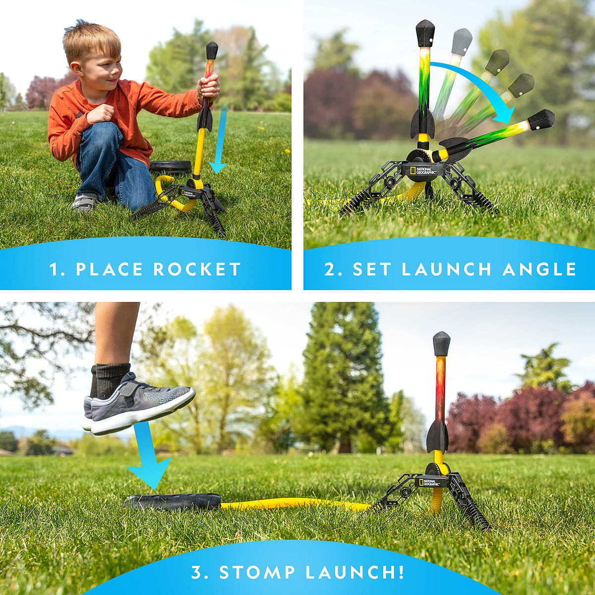 Blue Marble outdoor play rocket pack shown with kids enjoying a launch outdoors.