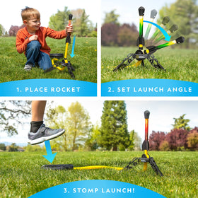 Blue Marble outdoor play rocket pack shown with kids enjoying a launch outdoors.