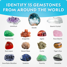 Blue Marble real gemstones collection featuring amethyst, pyrite, and quartz.