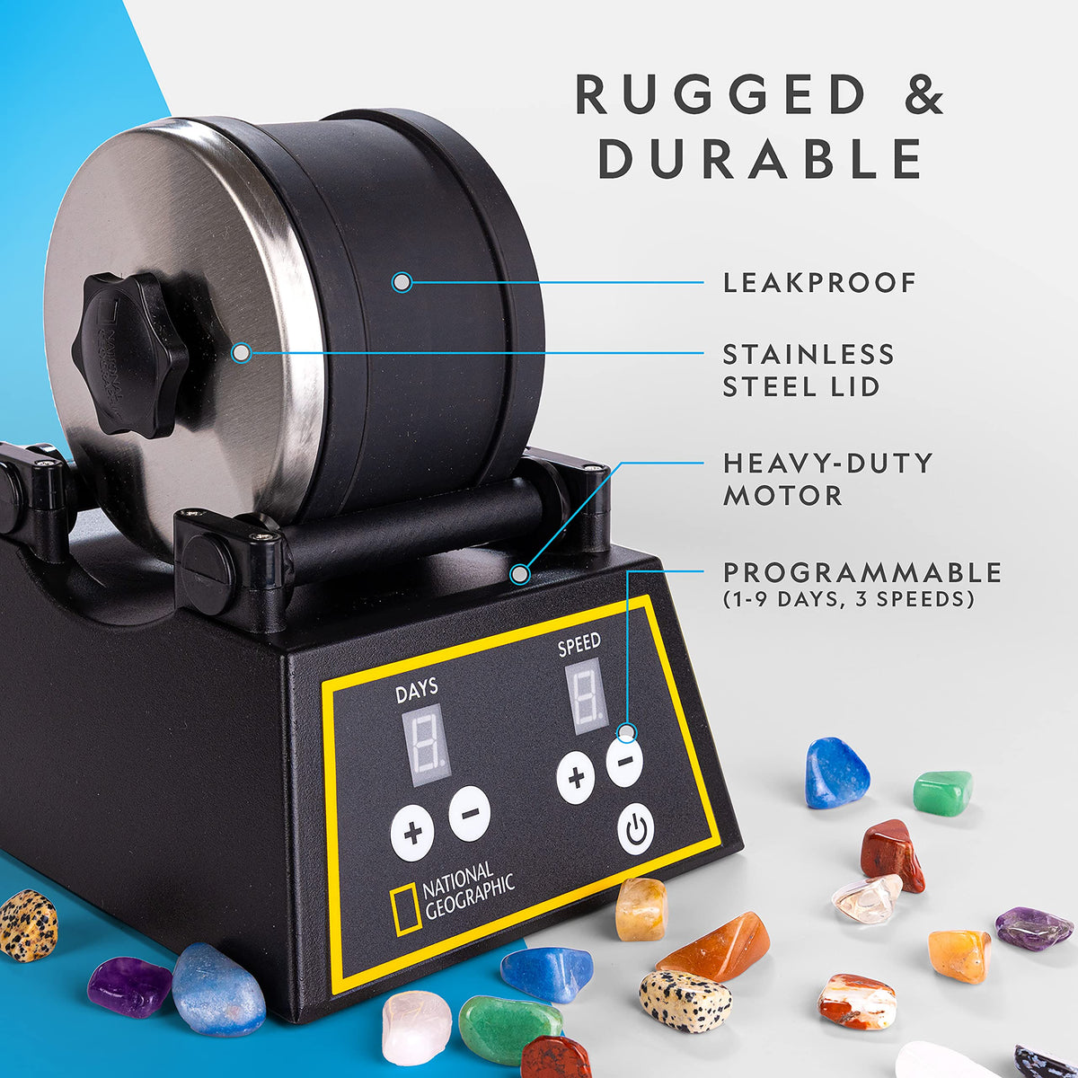 Blue Marble rock tumbler barrel close-up highlights a durable 2 lb barrel with quieter operation.