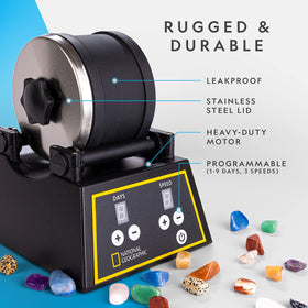 Blue Marble rock tumbler barrel close-up highlights a durable 2 lb barrel with quieter operation.
