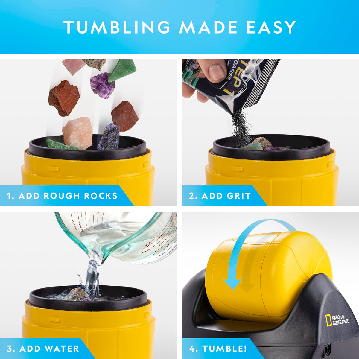 Blue Marble rock tumbler motor and sturdy base demonstrate durable construction for long-term use.