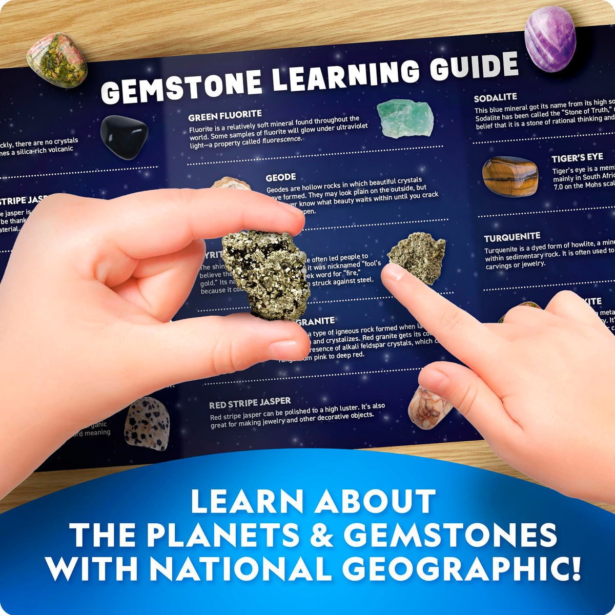 Blue Marble Space Gemstone Dig Kit learning poster reinforces space and mineral facts.