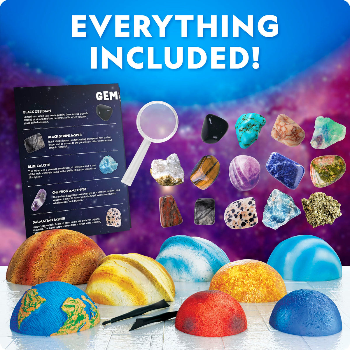 Blue Marble Space Gemstone Dig Kit magnifying glass encourages close inspection.