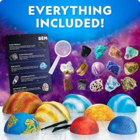 Blue Marble Space Gemstone Dig Kit magnifying glass encourages close inspection.