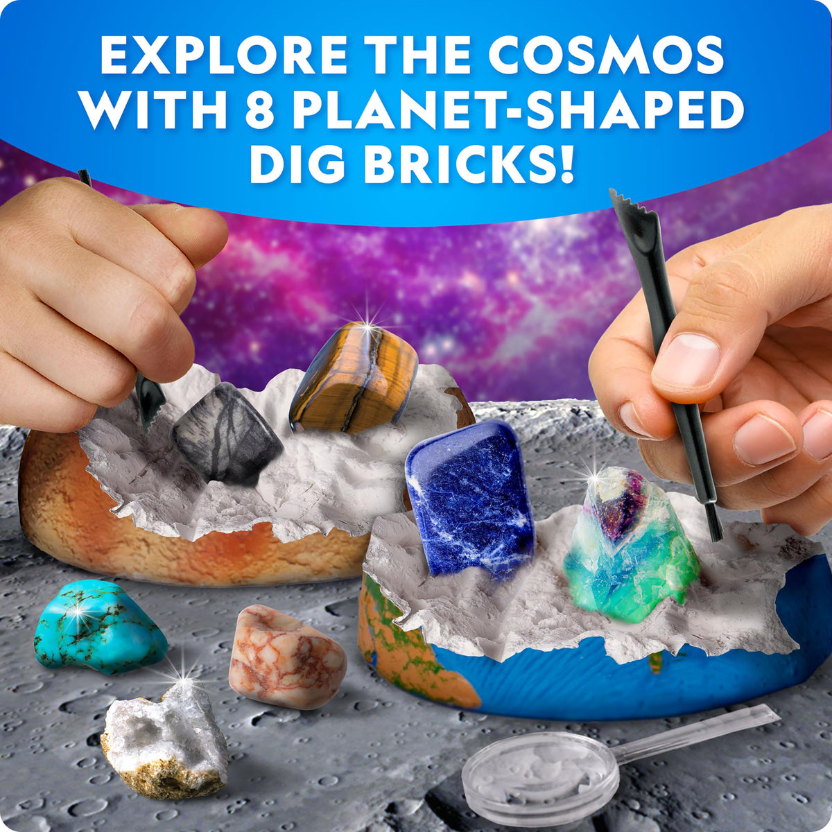 Blue Marble Space Gemstone Dig Kit real specimens sparkle, inviting tactile exploration and collection.