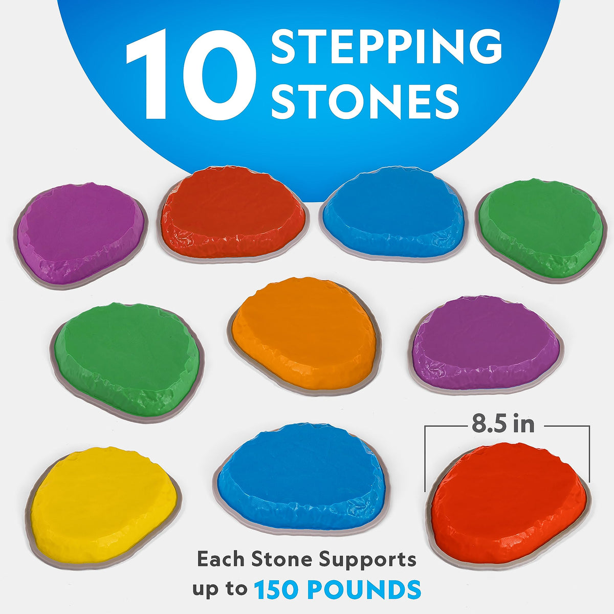 Blue Marble stepping stones with non-slip bases support safe jumping practice.