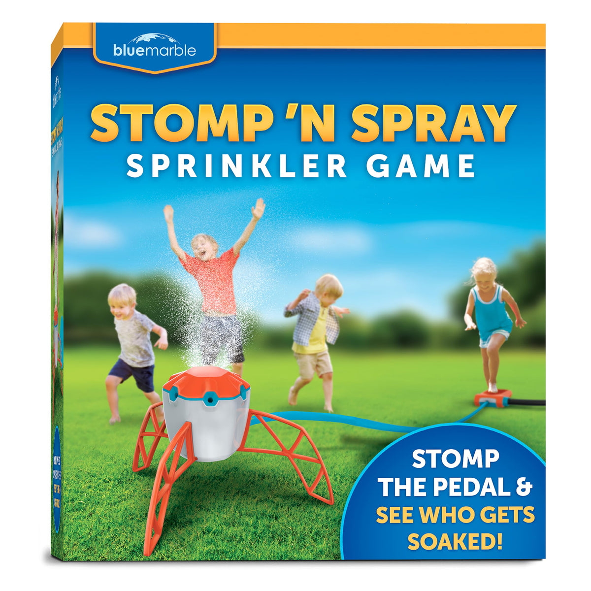 Blue Marble Stomp N Spray pump action creates spontaneous splashes for backyard play.