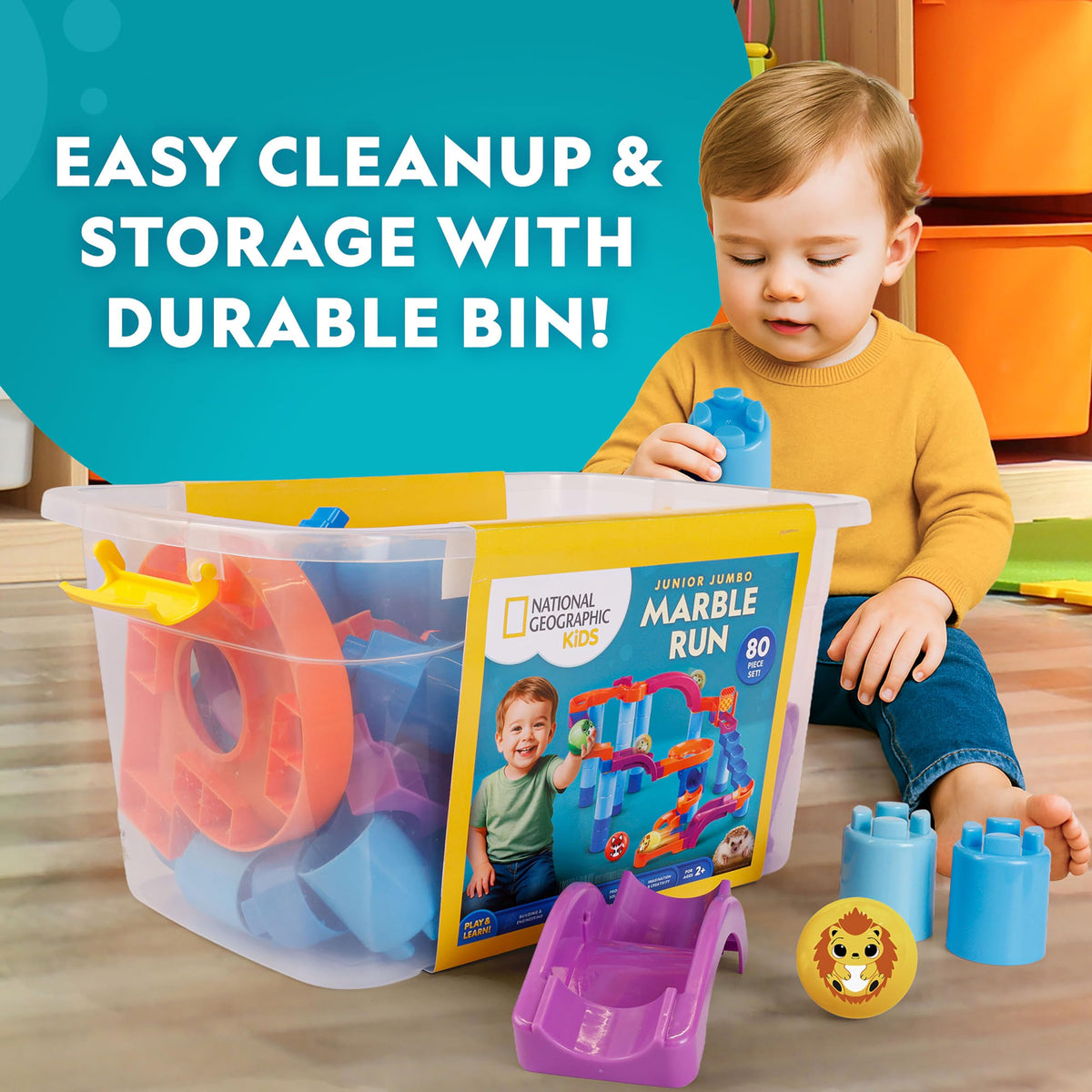Blue Marble storage bin keeps all pieces organized for quick cleanup.