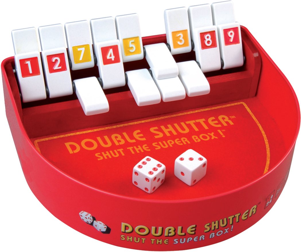 Blue Orange Double Shutter dice game on the tin, inviting family play and strategic tile shutdown