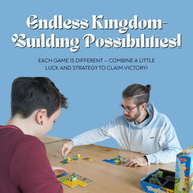 Blue Orange Kingdomino castles and tiles shot highlights colorful kingdom building.
