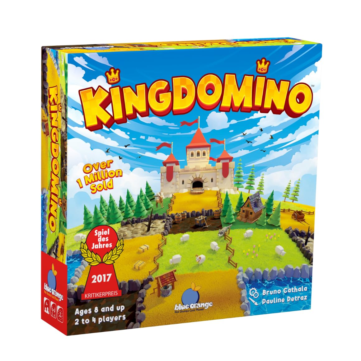 Blue Orange Kingdomino tiles close-up show vibrant terrains for family gameplay.