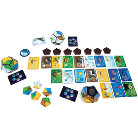 Blue Orange tiles drafting on the planet board supports strategic thinking.