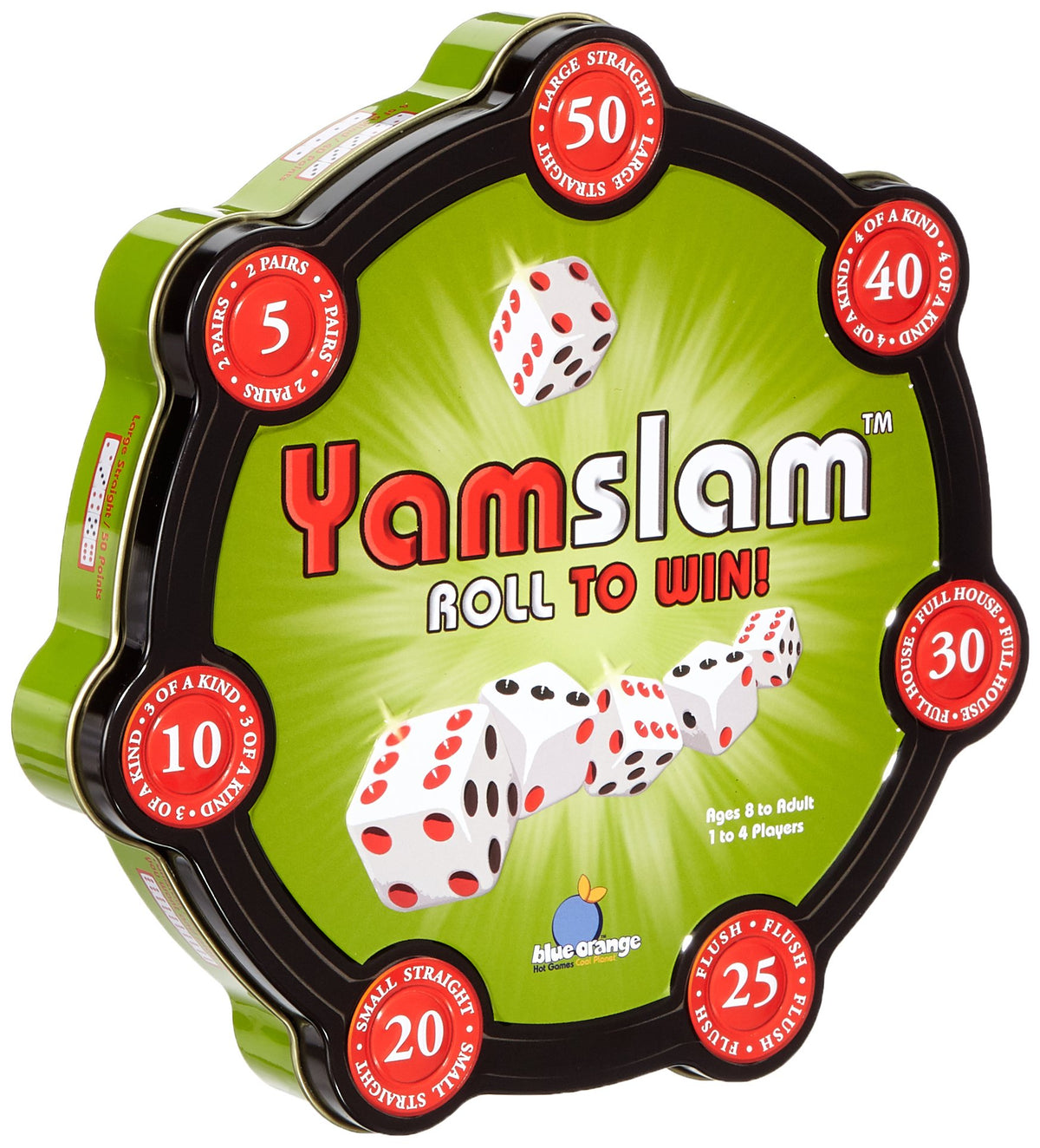 Blue Orange Yamslam tin box with colorful dice and chips for family play.