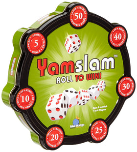 Blue Orange Yamslam tin box with colorful dice and chips for family play.