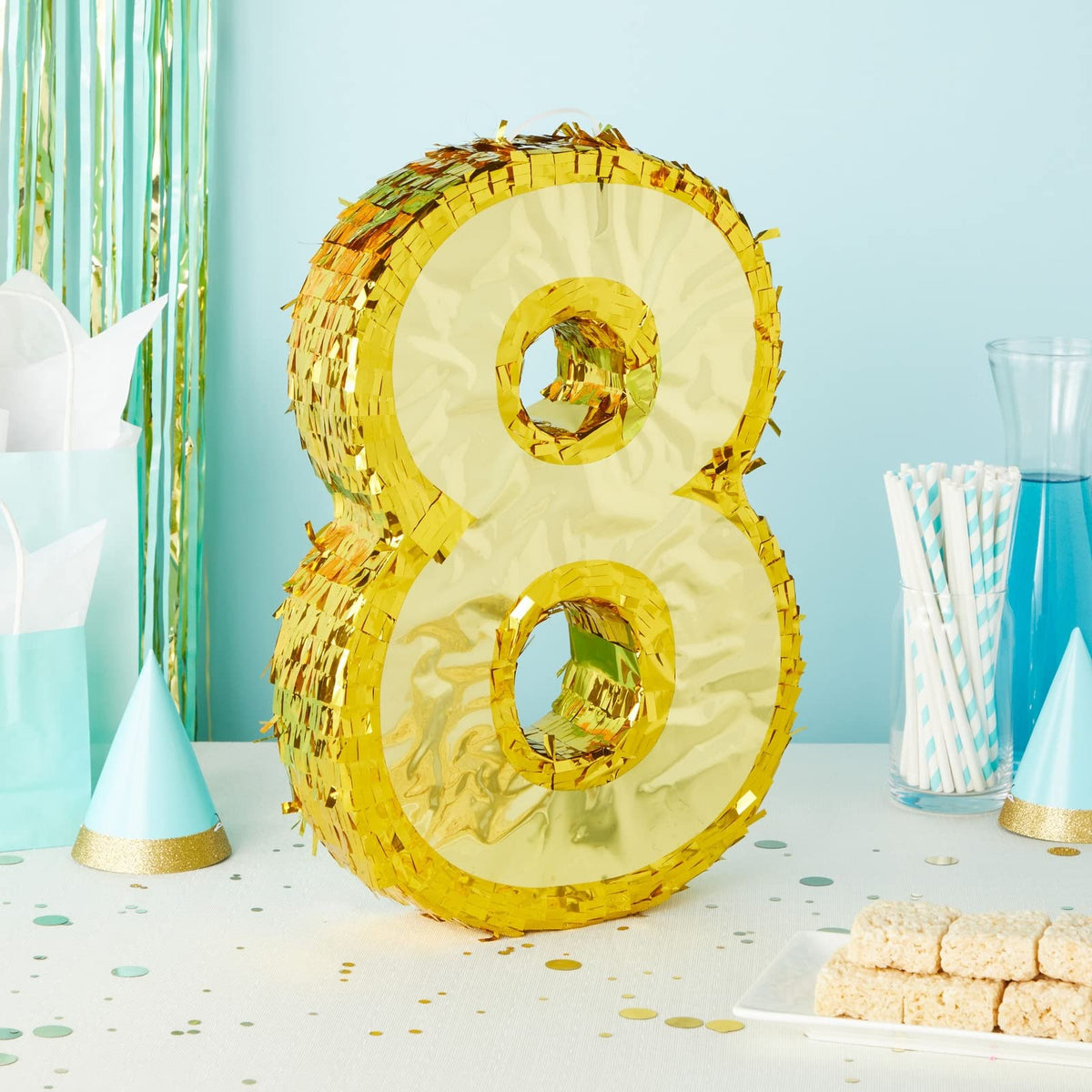 Blue Panda Gold Foil Number 8 Pinata features durable corrugated paper for party durability