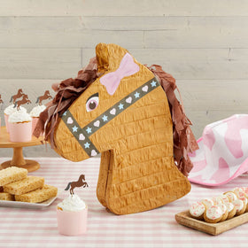 Blue Panda Horse Pinata brown body with pink bow enhances pony birthday decor.