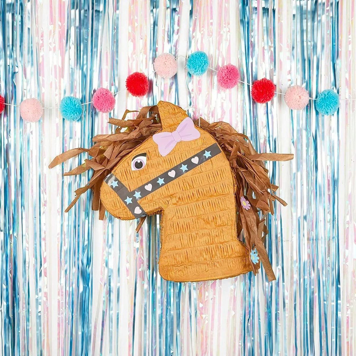 Blue Panda Horse Pinata floral accents add charming farm party detail.