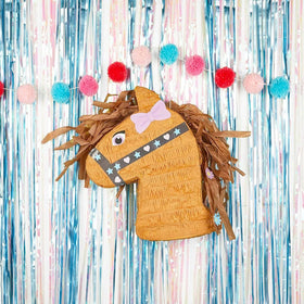 Blue Panda Horse Pinata floral accents add charming farm party detail.