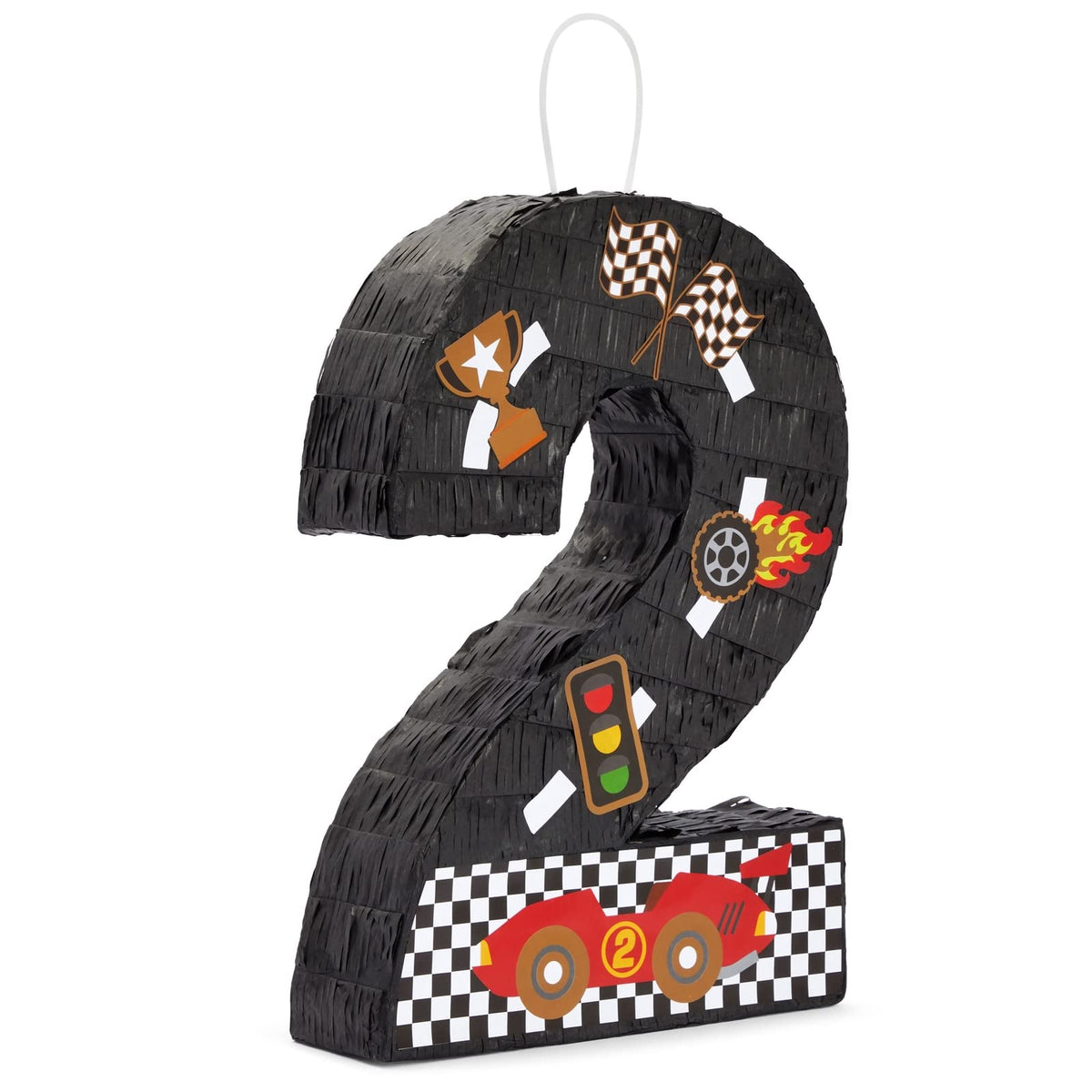 Blue Panda Number 2 Race Car Pinata front view adds a vibrant centerpiece to a car-themed party.