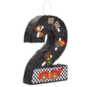 Blue Panda Number 2 Race Car Pinata front view adds a vibrant centerpiece to a car-themed party.