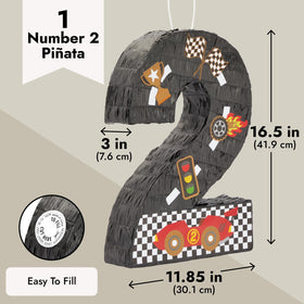 Blue Panda Number 2 Race Car Pinata rear view highlights sturdy 3-ply construction for durability.