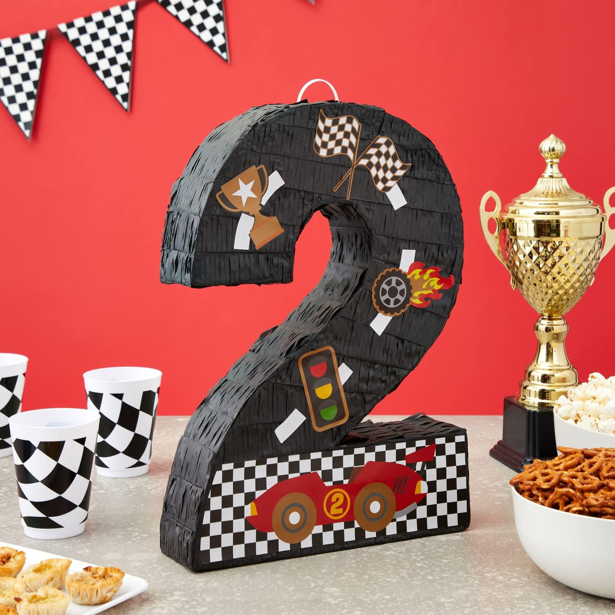 Blue Panda Number 2 Race Car Pinata side view showcases bold race car detailing for themed decor.