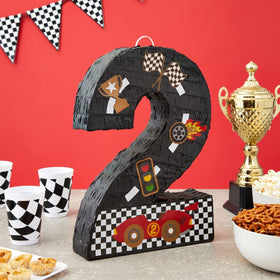 Blue Panda Number 2 Race Car Pinata side view showcases bold race car detailing for themed decor.