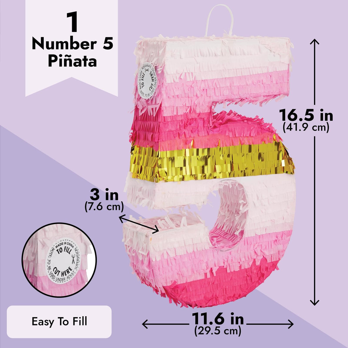 Blue Panda Number 5 Pinata fill opening for easy candy or confetti insertion